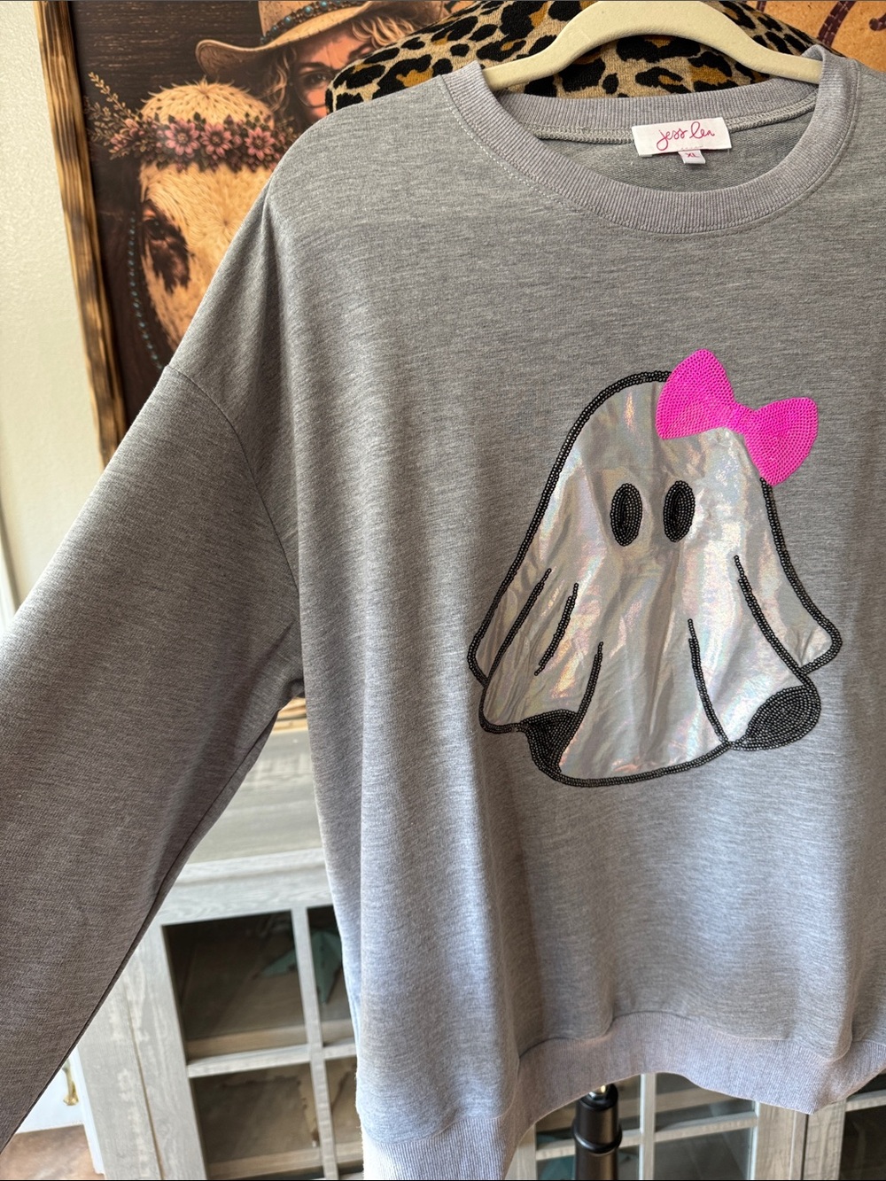 JESS LEA  Boo Girl Ghost Gray Sweatshirt w/Holographic Ghost Halloween Size XL - Picture 2 of 8